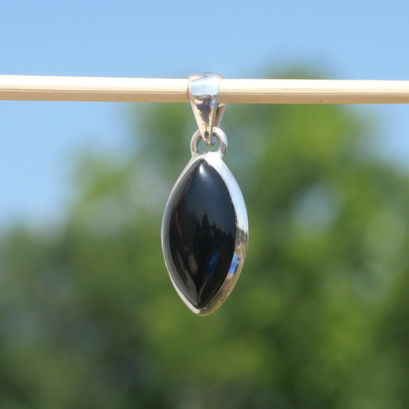NEW ! Pendentif argent pierre bombée navette en Onyx noir (noir)