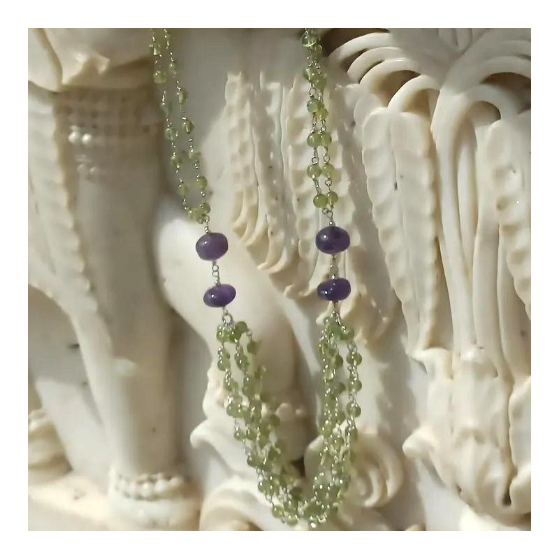 Long collier multi rangs pierres Péridot et Améthyste (vert) (violet)