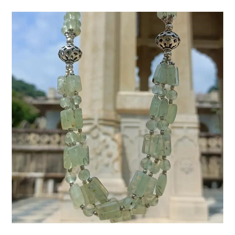 Collier 3 rangs pierres Prehnite et perles d'argent (vert)