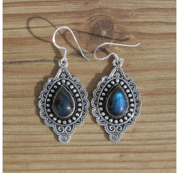 NEW ! Boucles argent ciselé et pierre Labradorite (bleu)
