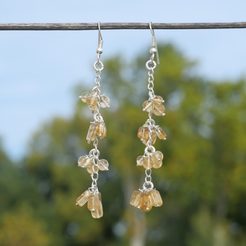 NEW ! Longues boucles chainette argent et pierre Citrine (jaune)
