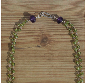 NEW ! Long collier multi rangs pierres Péridot et Améthyste (vert) (violet)