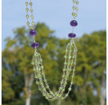 NEW ! Long collier multi rangs pierres Péridot et Améthyste (vert) (violet)