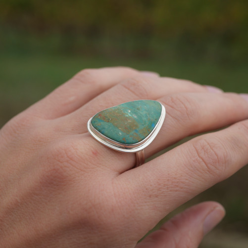 Bague monture double argent et pierre Opaline du Pérou (bleu) (vert) T58