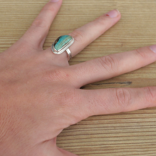 Petite bague en argent et Opaline du Pérou (bleu) (vert) T51
