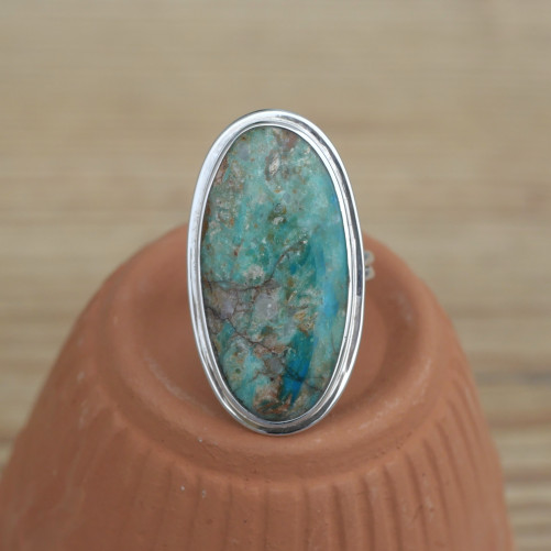 NEW ! Longue bague ovale Opaline du Pérou et argent (bleu) (vert)
