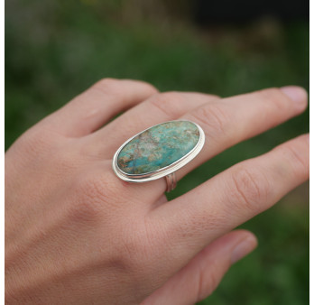 Longue bague ovale Opaline du Pérou et argent (bleu) (vert) T54