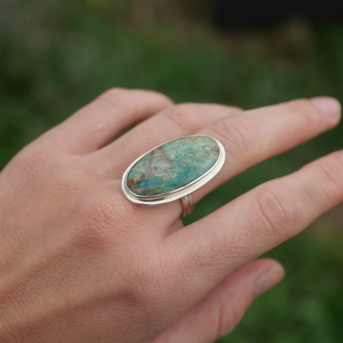 Longue bague ovale Opaline du Pérou et argent (bleu) (vert) T54