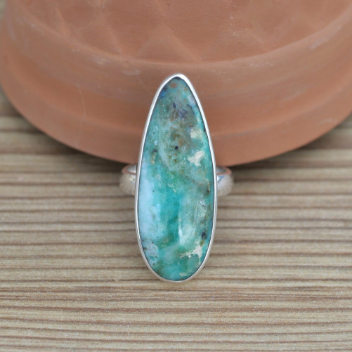 NEW ! Longue bague goutte en argent et Opaline du Pérou (bleu) (vert)