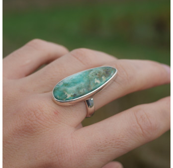 Longue bague goutte en argent et Opaline du Pérou (bleu) (vert) T56