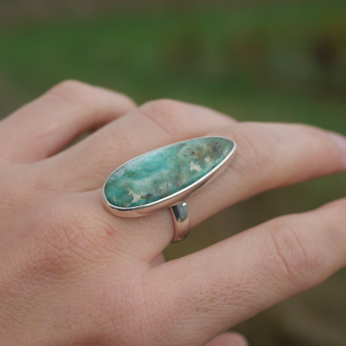 Longue bague goutte en argent et Opaline du Pérou (bleu) (vert) T56