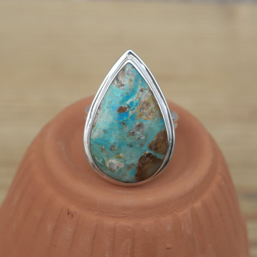 NEW ! Bague goutte en Opaline du Pérou et argent (bleu) (vert) (brun)