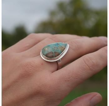 Bague goutte en Opaline du Pérou et argent (bleu) (vert) (brun) T54