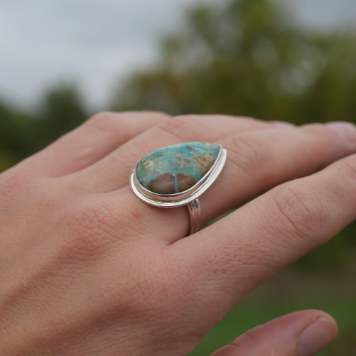 Bague goutte en Opaline du Pérou et argent (bleu) (vert) (brun) T54