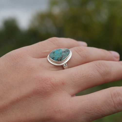Petite bague en argent et Opaline du Pérou (bleu) (vert) T51