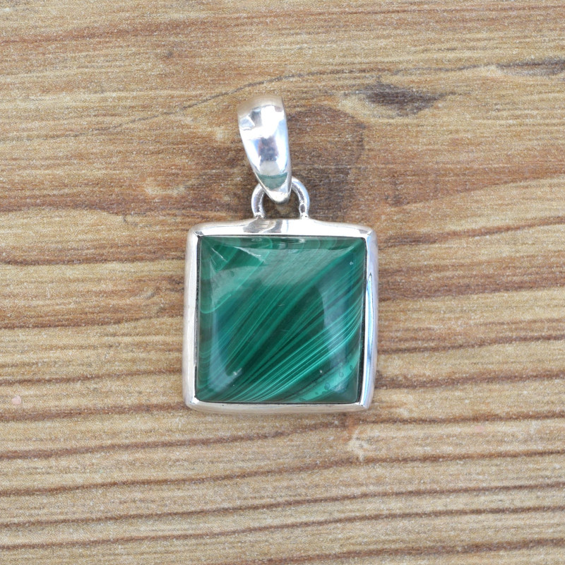 Pendentif carré pierre Malachite et argent (vert)