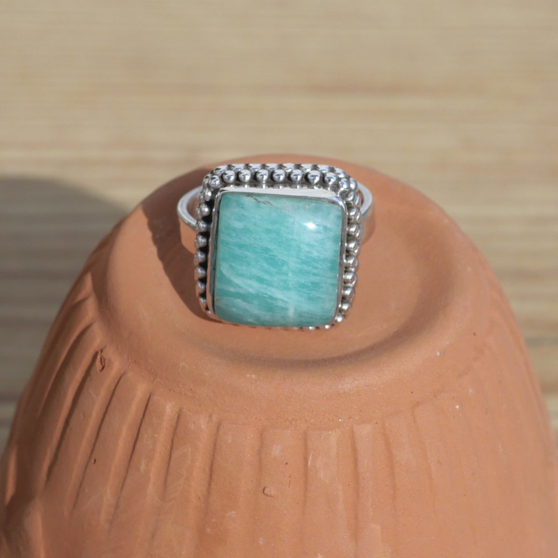 NEW ! Petite bague carrée argent ciselé et Amazonite (vert)