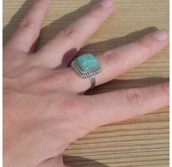 NEW ! Petite bague carrée argent ciselé et Amazonite (vert)