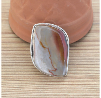 NEW ! Grosse bague en argent et Jaspe mokaite (gris) (rouge) T57