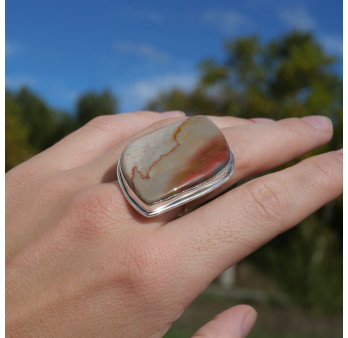 Grosse bague en argent et Jaspe (gris) (rouge) T57
