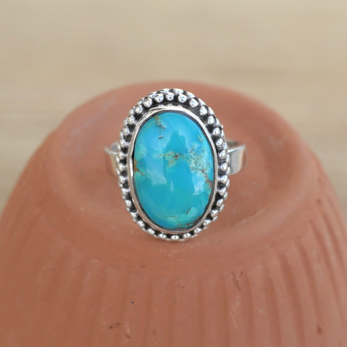 NEW ! Petite bague ovale pierre Turquoise d'Arizona et argent ciselé (bleu) T55