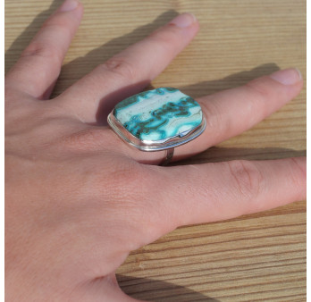 Grosse bague rectangulaire en pierre Azurite Malachite et argent (bleu) (vert) T57