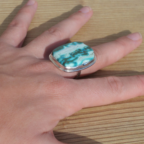 Grosse bague rectangulaire en pierre Azurite Malachite et argent (bleu) (vert) T57