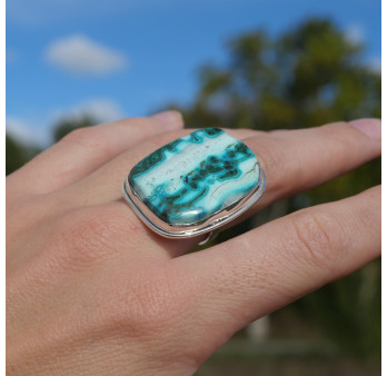 NEW ! Grosse bague rectangulaire en pierre Azurite Malachite et argent (bleu) (vert) T57