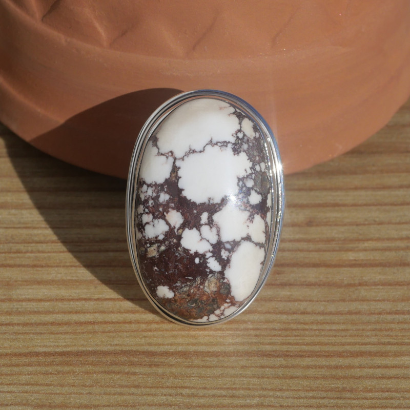 NEW ! Grosse bague ovale argent et pierre Magnésite (brun) (blanc) T58