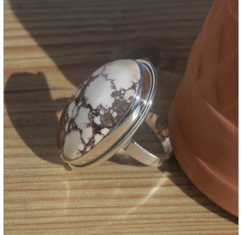 NEW ! Grosse bague ovale argent et pierre Magnésite (brun) (blanc) T58