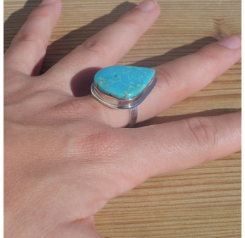 Bague goutte en argent et pierre plate Turquoise d'Arizona (bleu) T56