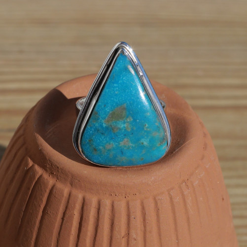 NEW ! Bague triangulaire en argent et pierre plate Turquoise d'Arizona (bleu) T57