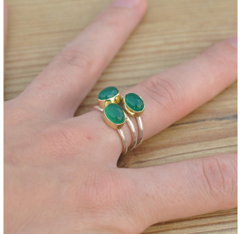 Bague moderne 3 anneaux soudés et 3 pierres en Agate verte (vert) T53