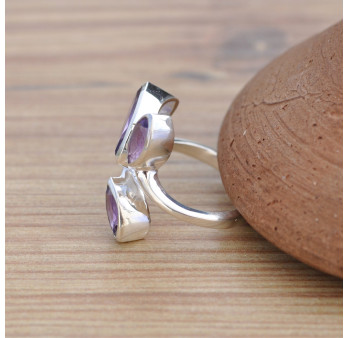 Bague 3 pierres feuilles en Améthyste facettées et argent T52