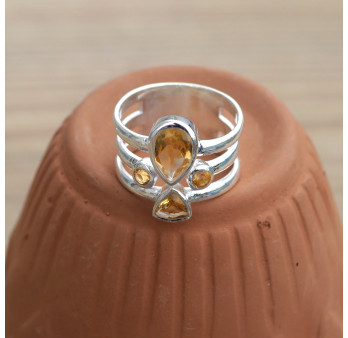 NEW ! Anneau large argent et 4 pierres facettées en Citrine (jaune) T55