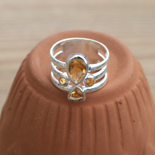 NEW ! Anneau large argent et 4 pierres facettées en Citrine (jaune) T55