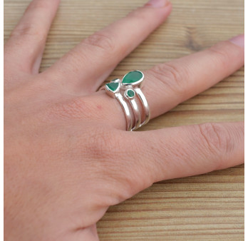 NEW ! Anneau large argent et 4 pierres facettées en Agate verte (vert) T58