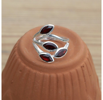NEW ! Bague 4 pierres feuilles en Grenat facettées et argent (rouge) T57