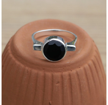 NEW ! Bague pierre ronde en Onyx noir et anneau argent (noir) T62