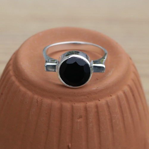 NEW ! Bague pierre ronde en Onyx noir et anneau argent (noir) T62