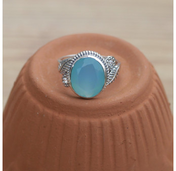 NEW ! Bague pierre ovale en Calcédoine et argent ciselé feuilles (bleu) T55/57
