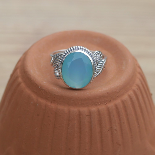 NEW ! Bague pierre ovale en Calcédoine et argent ciselé feuilles (bleu) T55/57