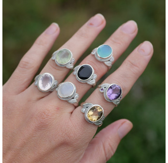 NEW ! Bague pierre ovale en Prehnite et argent ciselé feuilles (vert) T53/63