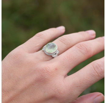 NEW ! Bague pierre ovale en Prehnite et argent ciselé feuilles (vert) T53/63