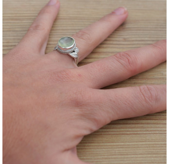 NEW ! Bague pierre ovale en Prehnite et argent ciselé feuilles (vert) T53/63