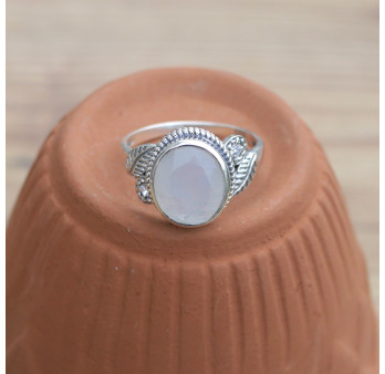 NEW ! Bague pierre ovale en Pierre de lune et argent ciselé feuilles (blanc) T60