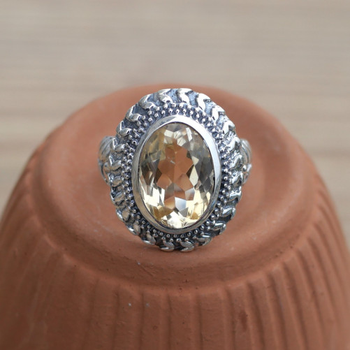 NEW ! Bague ciselée argent et pierre Citrine (jaune) T54/56