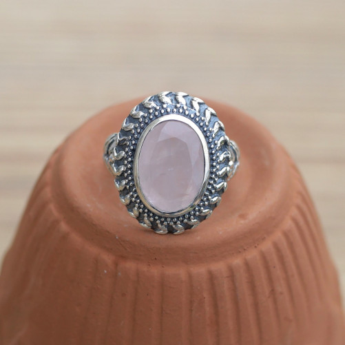 NEW ! Bague ciselée argent et pierre Quartz rose (rose) T55/63