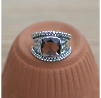 NEW ! Anneau argent martelé et pierre carrée Quartz fumé (brun) T58