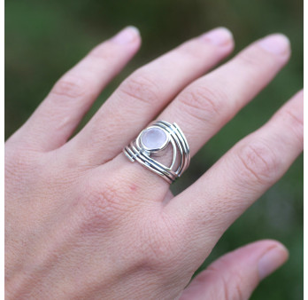 Anneau large argent et pierre ronde en Quartz rose (rose) T57